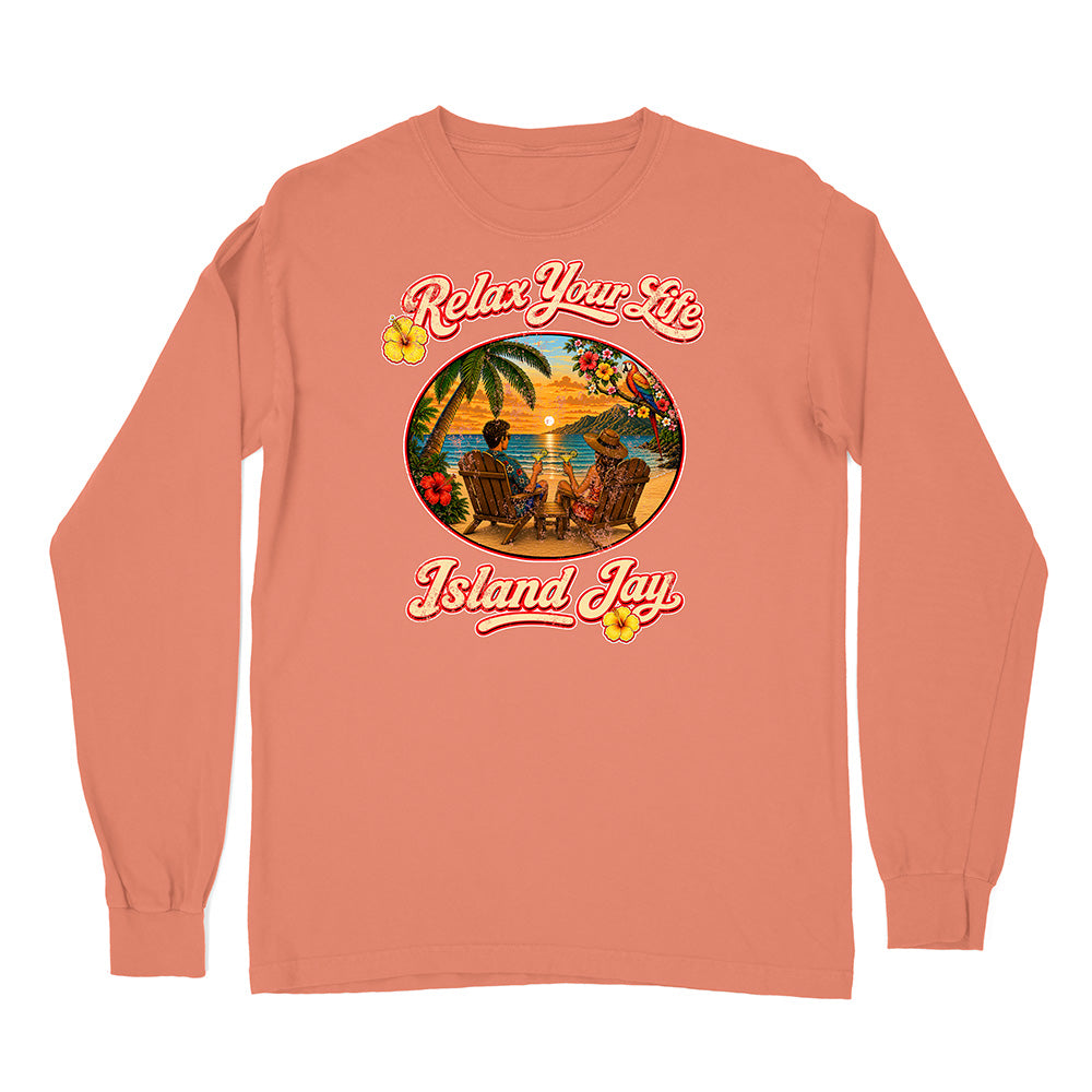 Peach long-sleeve shirt with 'Relax Your Life' and 'Island Jay' design on a white background