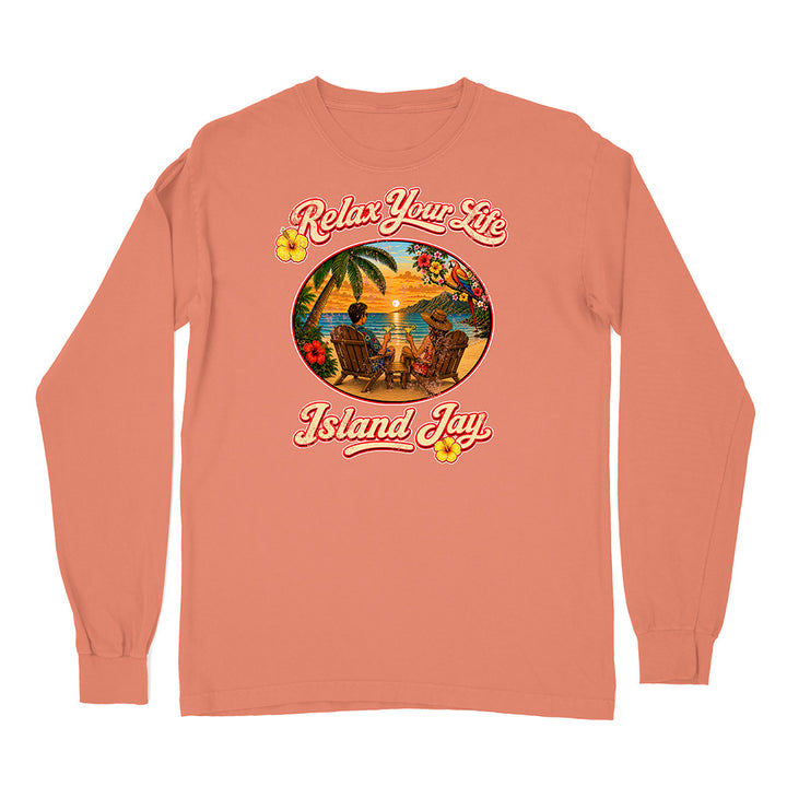 Peach long-sleeve shirt with 'Relax Your Life' and 'Island Jay' design on a white background