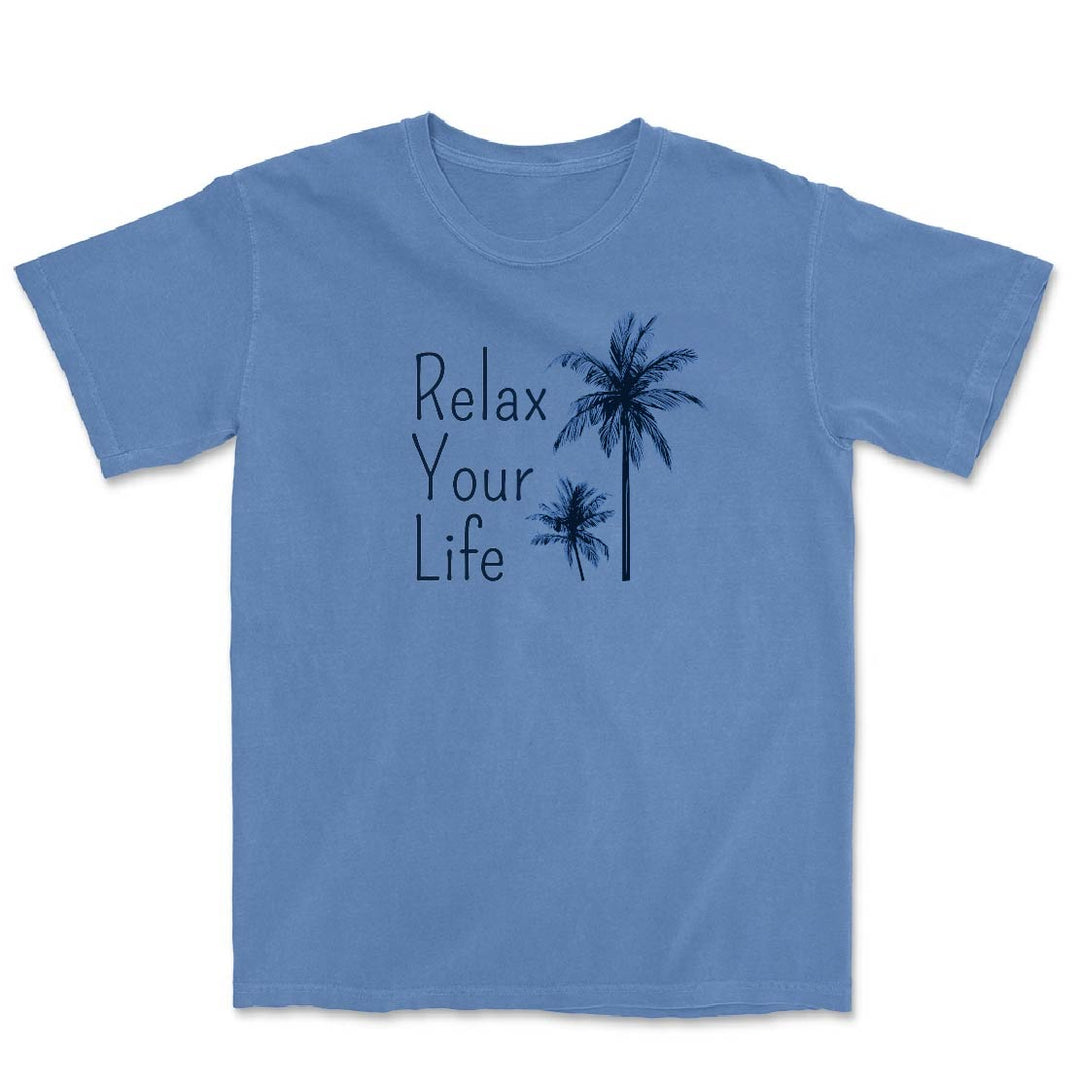 Blue t-shirt with 'Relax Your Life' text and palm tree design on a white background