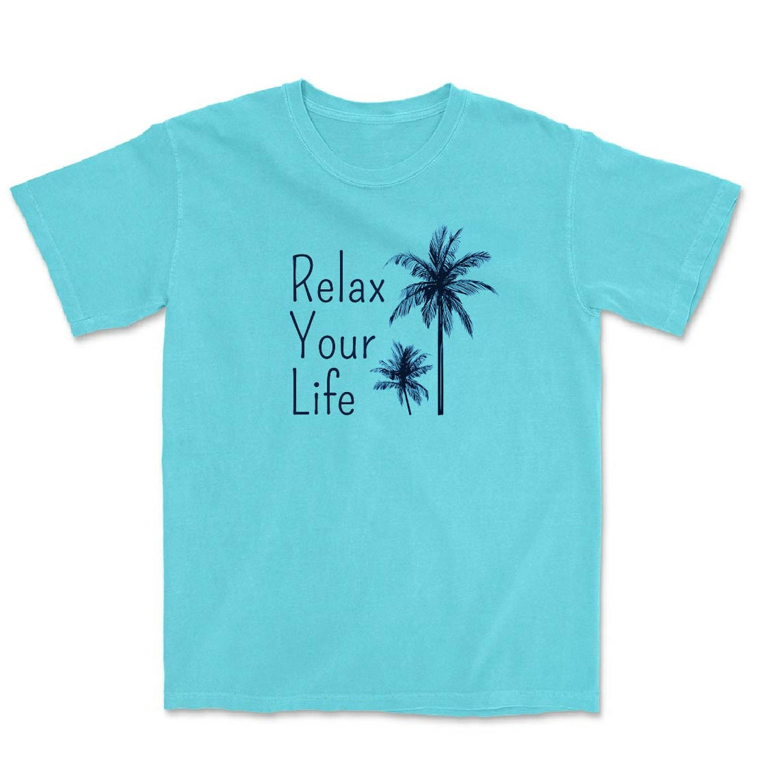 Light blue t-shirt with 'Relax Your Life' text and palm tree graphics on a white background