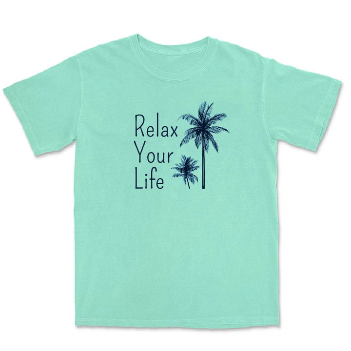 Mint green t-shirt with 'Relax Your Life' text and palm tree graphics on a white background