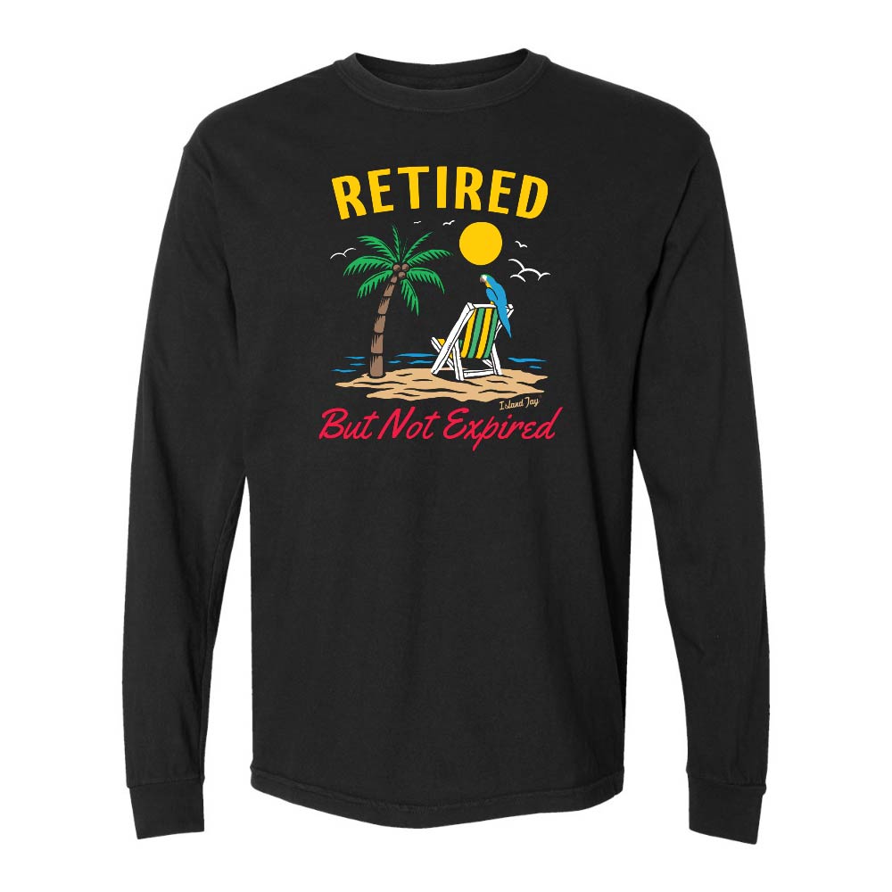 Black long-sleeve shirt with a beach graphic and 'Retired But Not Expired' text.