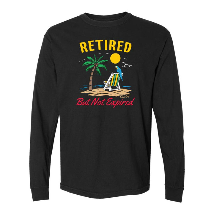 Black long-sleeve shirt with a beach graphic and 'Retired But Not Expired' text.