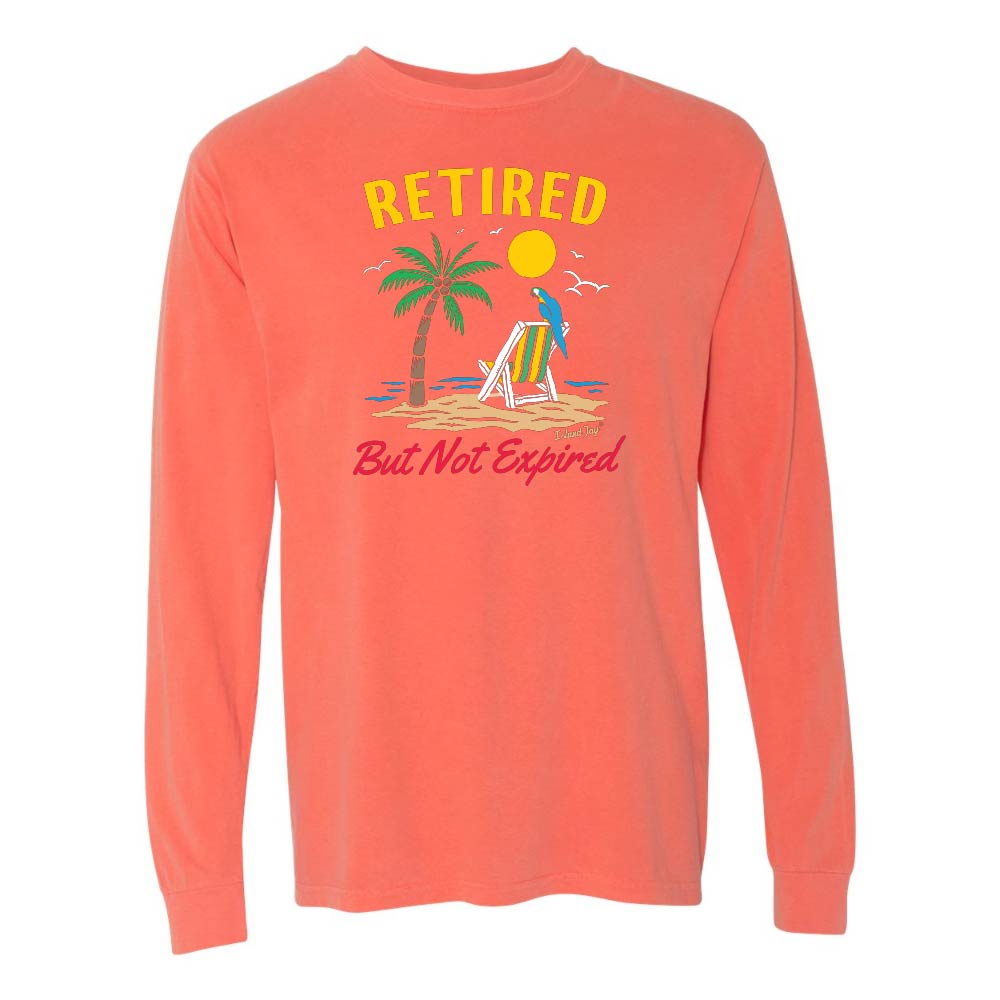 Light orange/red blue long-sleeve shirt with a beach graphic and 'Retired But Not Expired' text.