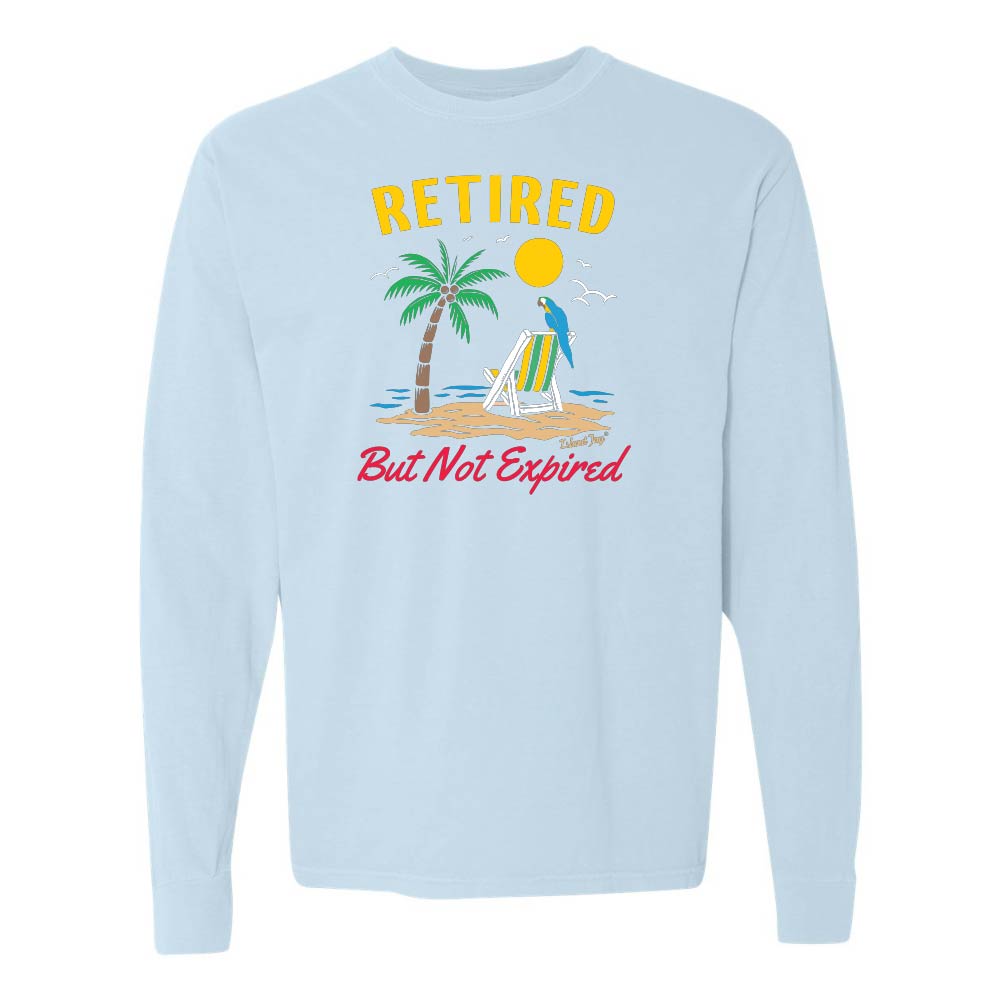 Light blue long-sleeve shirt with a beach graphic and 'Retired But Not Expired' text.