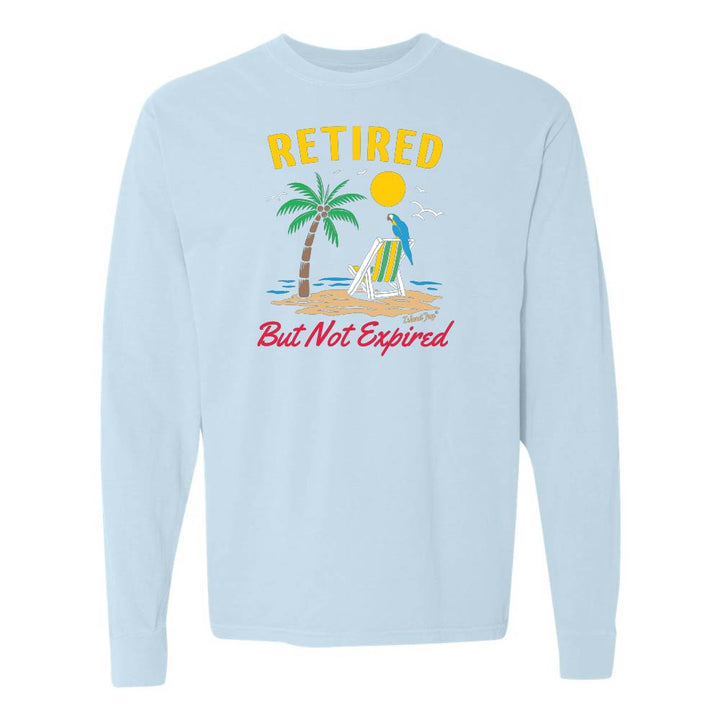 Light blue long-sleeve shirt with a beach graphic and 'Retired But Not Expired' text.