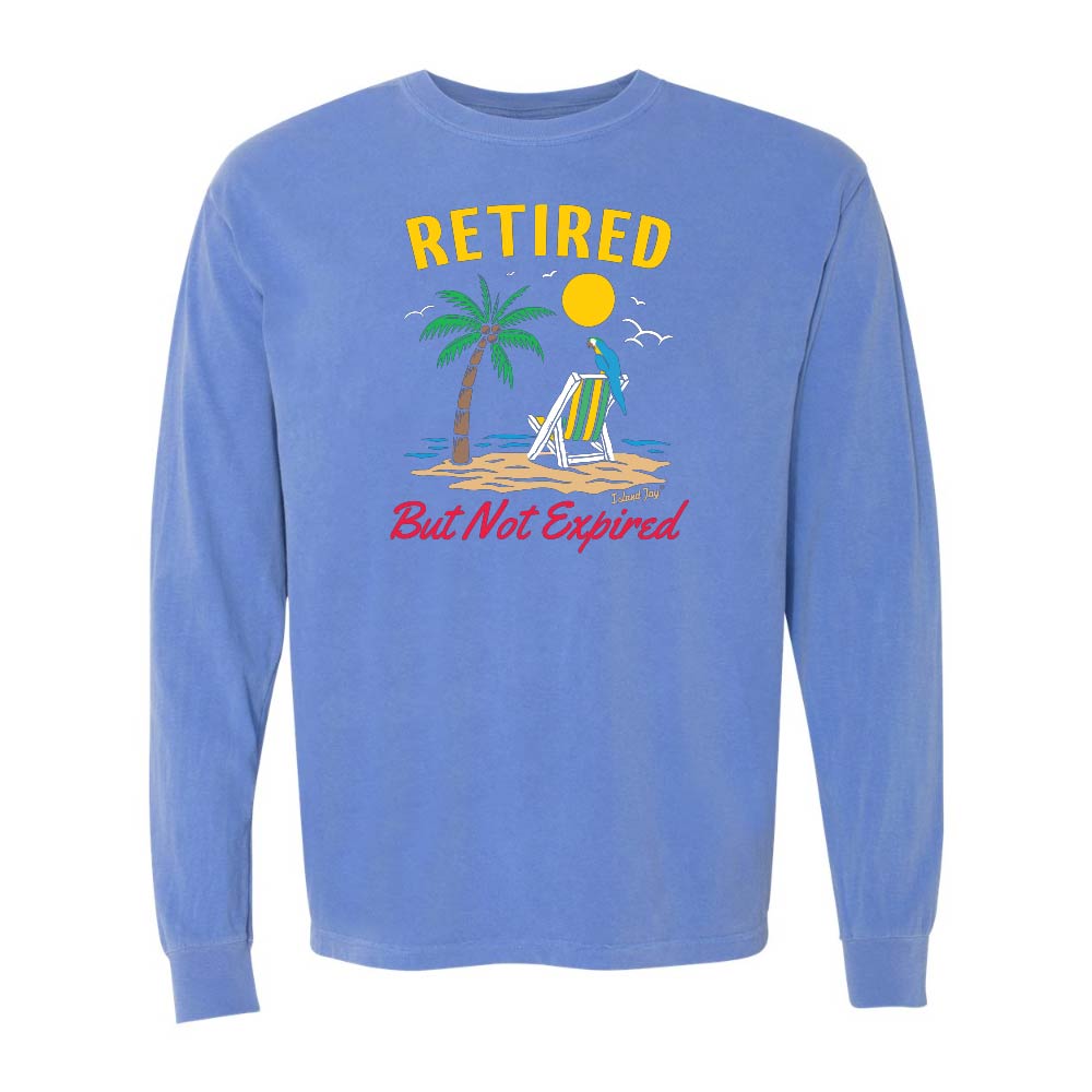 Blue long-sleeve shirt with a beach graphic and 'Retired But Not Expired' text.