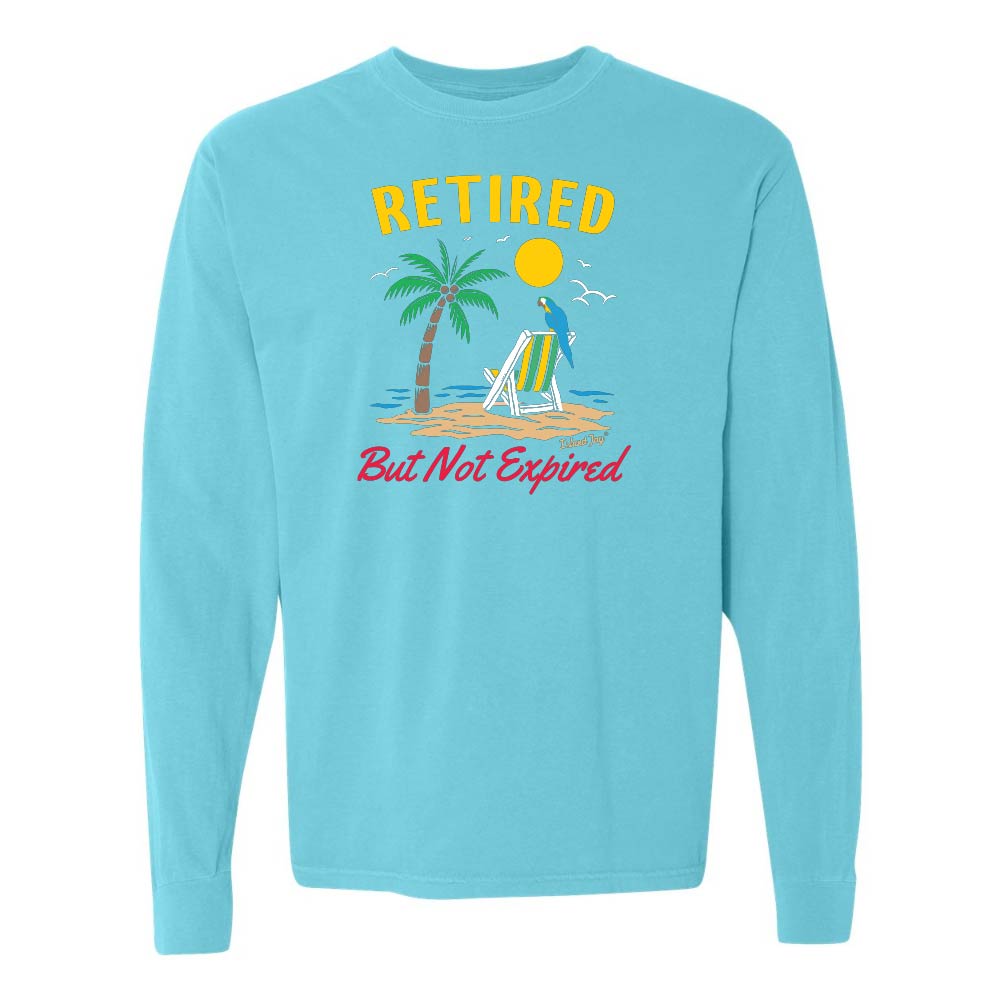 Blue long-sleeve shirt with a beach graphic and 'Retired But Not Expired' text.