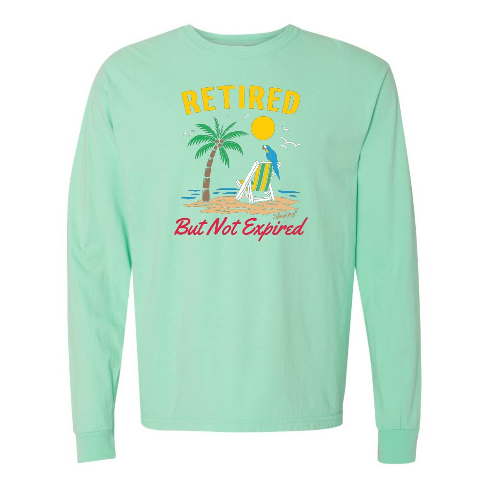 Mint green long-sleeve shirt with a beach graphic and 'Retired But Not Expired' text.