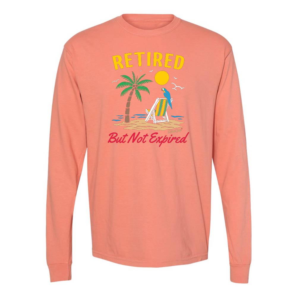 Light orange long-sleeve shirt with a beach graphic and 'Retired But Not Expired' text.