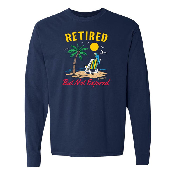 Navy blue long-sleeve shirt with a beach graphic and 'Retired But Not Expired' text.