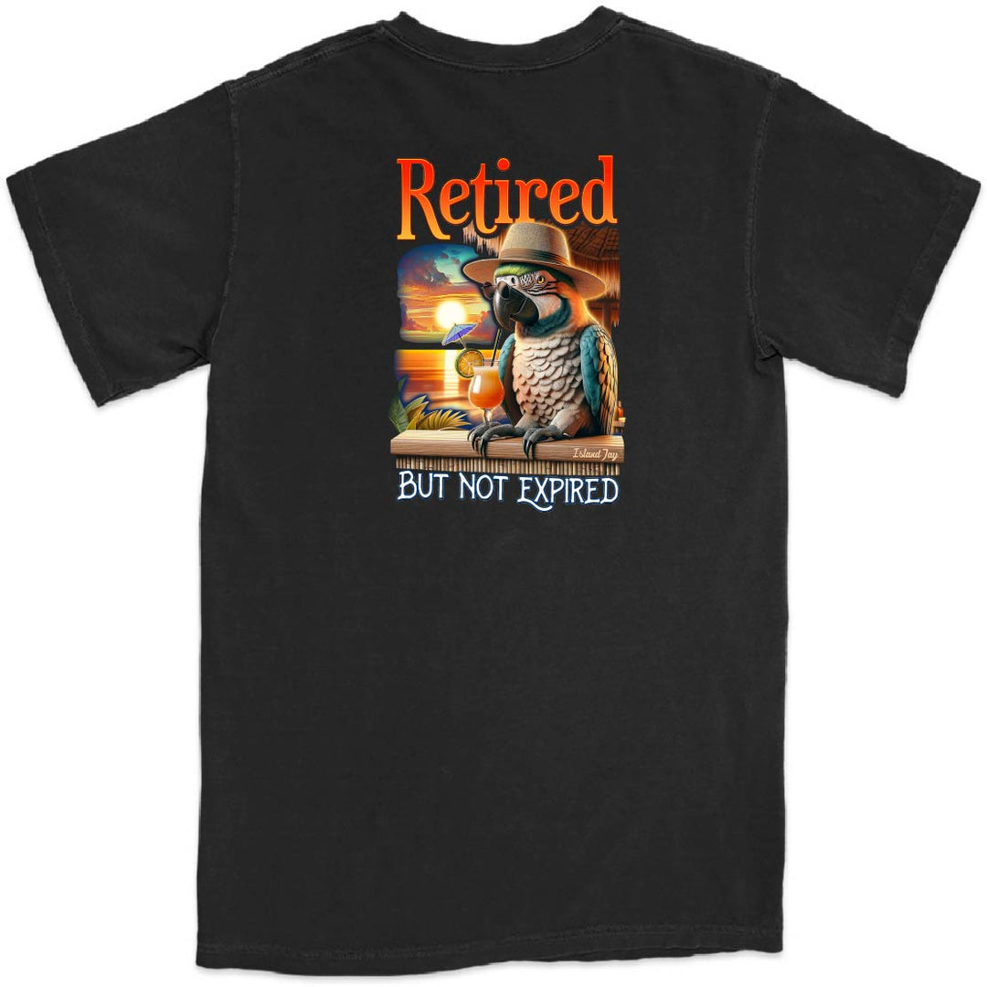 Black t-shirt with a parrot graphic and 'Retired but not expired' text on a white background