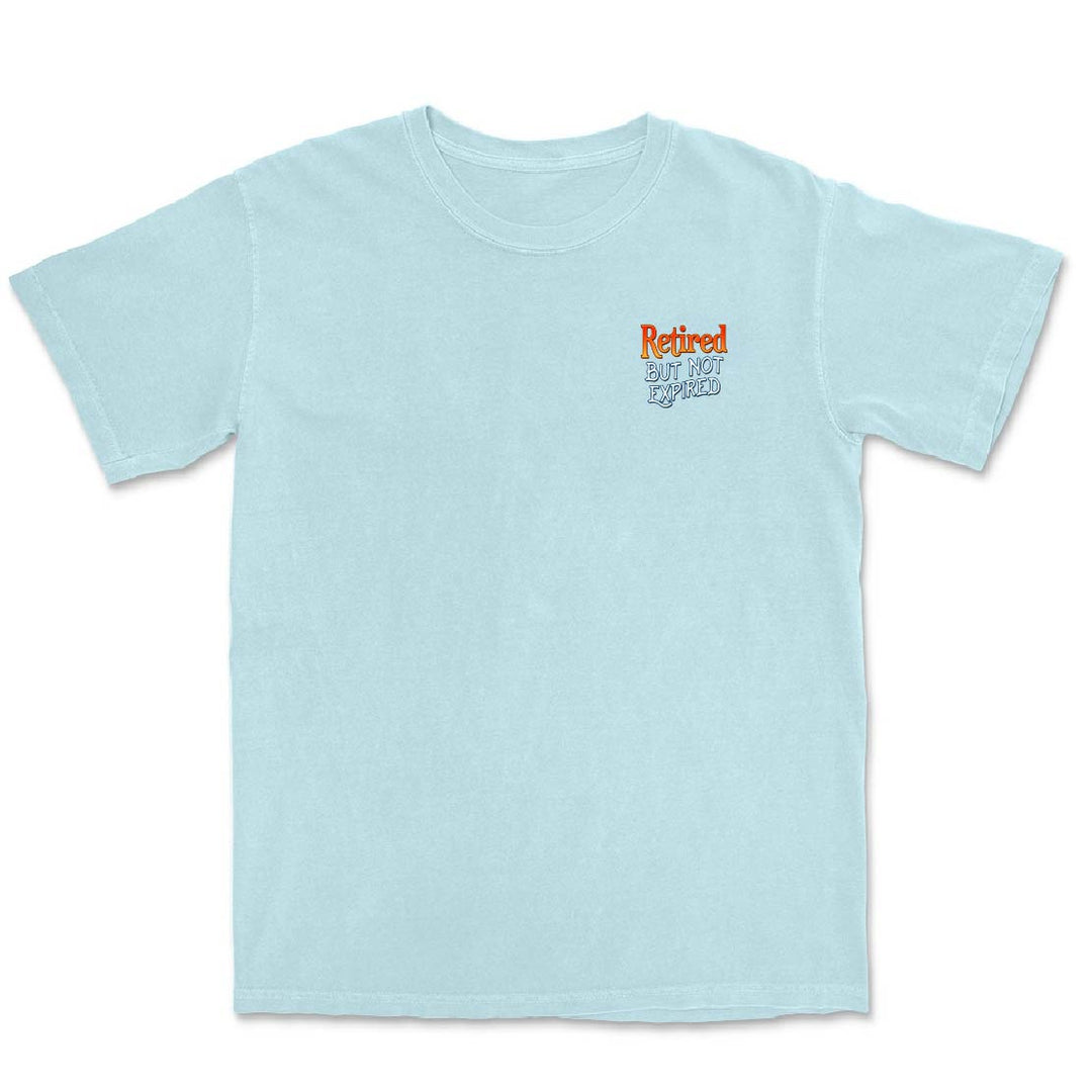 Light blue t-shirt with 'Retired' text on a white background