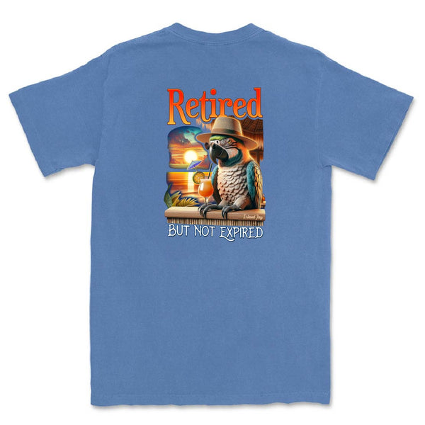 Blue t-shirt with a parrot graphic and text on the back, on a white background