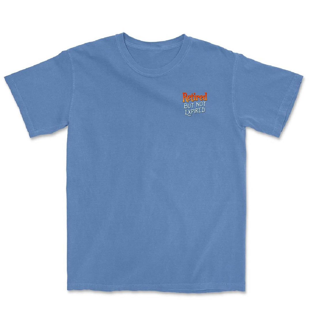 Blue t-shirt with a small logo on the chest against a white background