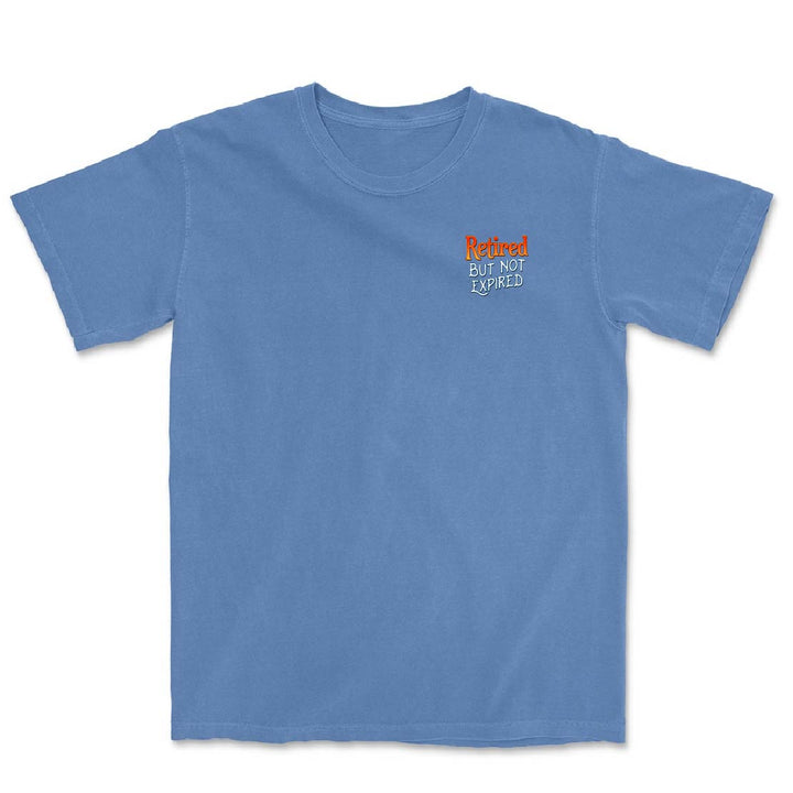 Blue t-shirt with a small logo on the chest against a white background