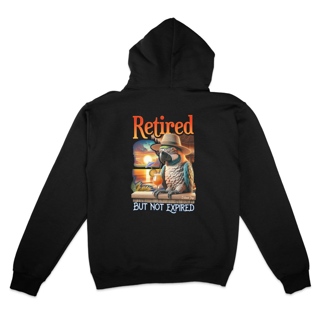 Black hoodie with a parrot graphic and text on the back, on a white background