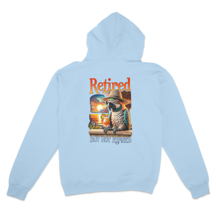 Light blue hoodie with a parrot graphic and text on a white background