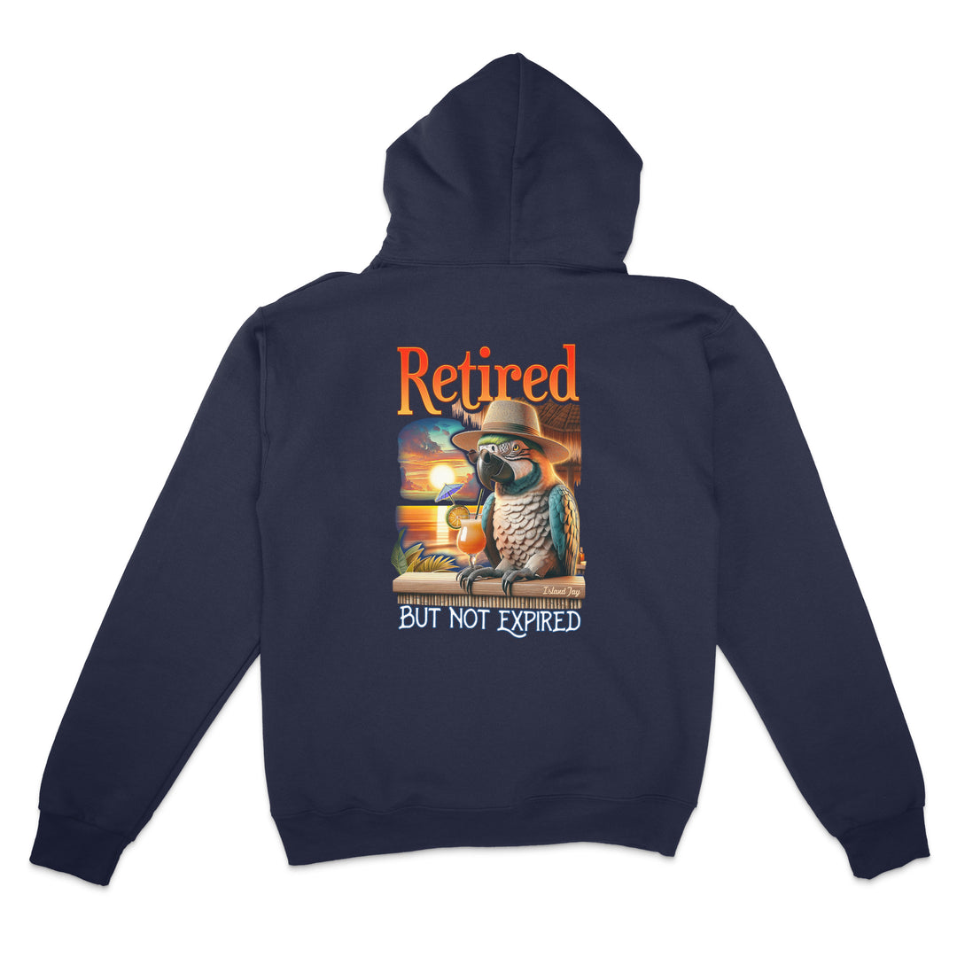 Navy blue hoodie with a parrot graphic and text on the back, on a white background