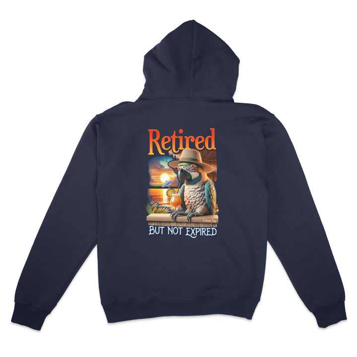 Navy blue hoodie with a parrot graphic and text on the back, on a white background