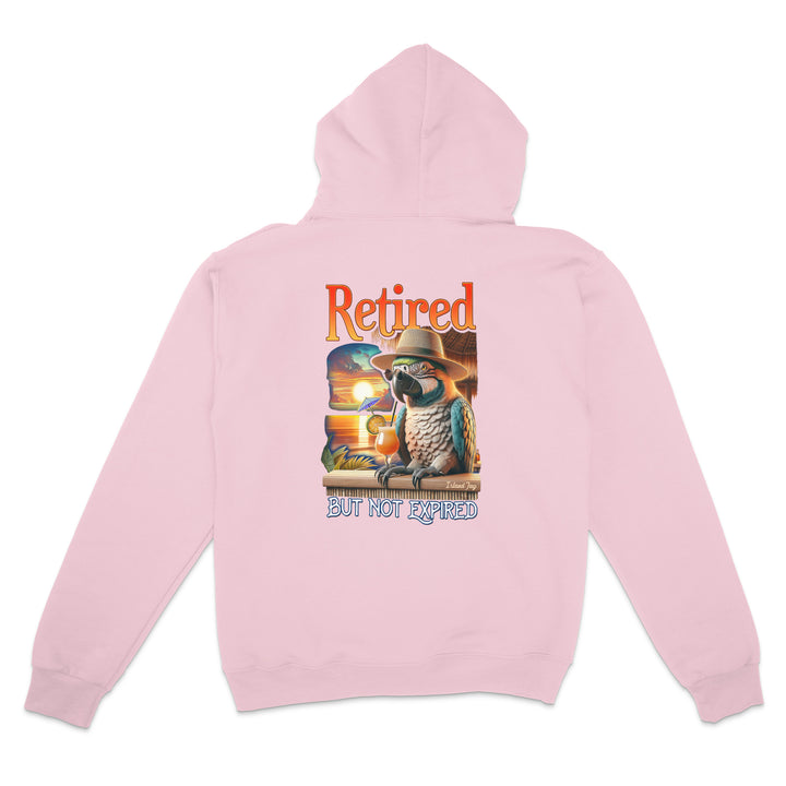 Pink hoodie with a parrot graphic and text on the back against a white background