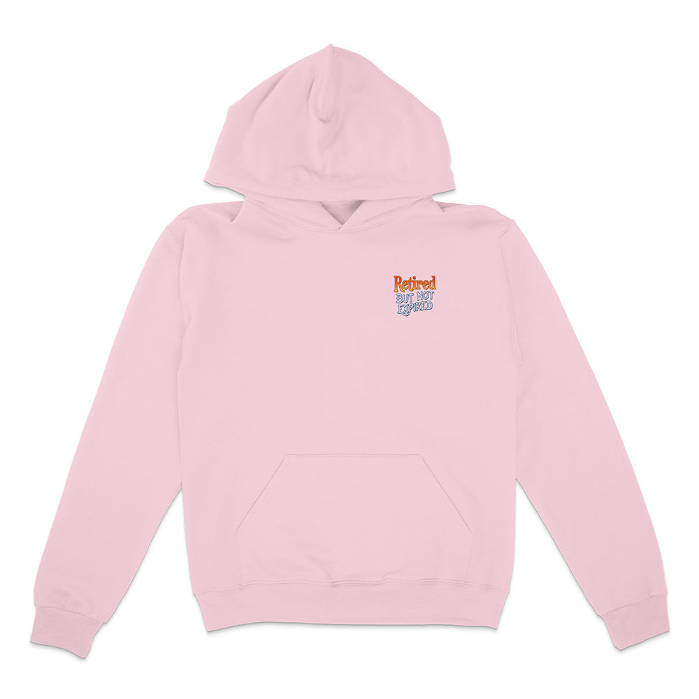 Pink hoodie with text on the chest against a white background