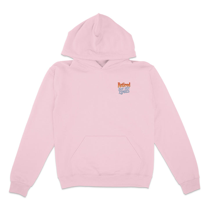 Pink hoodie with text on the chest against a white background
