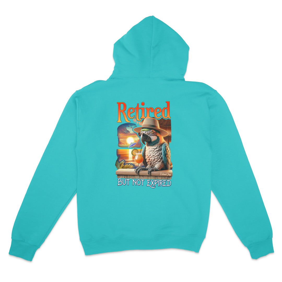 Turquoise hoodie with a parrot graphic and text on the back against a white background