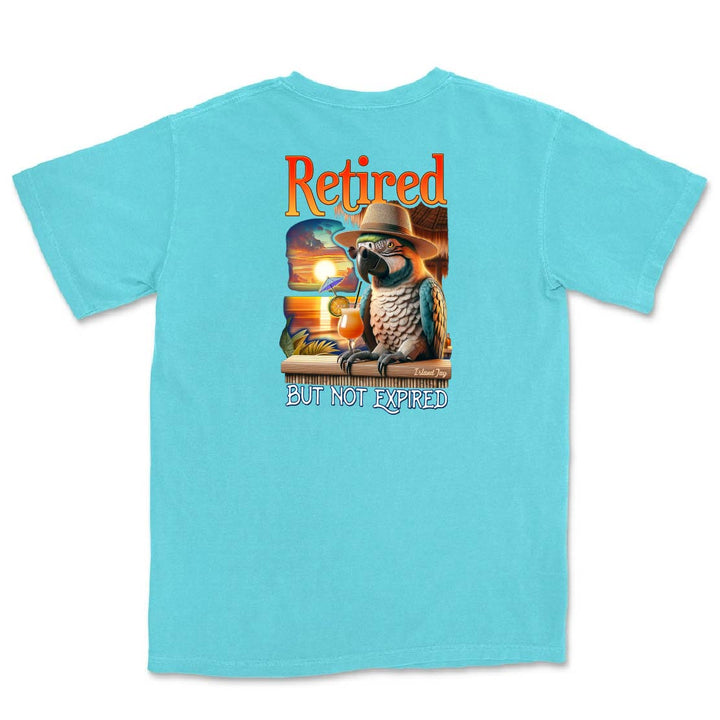 Turquoise t-shirt with a parrot graphic and text on the back