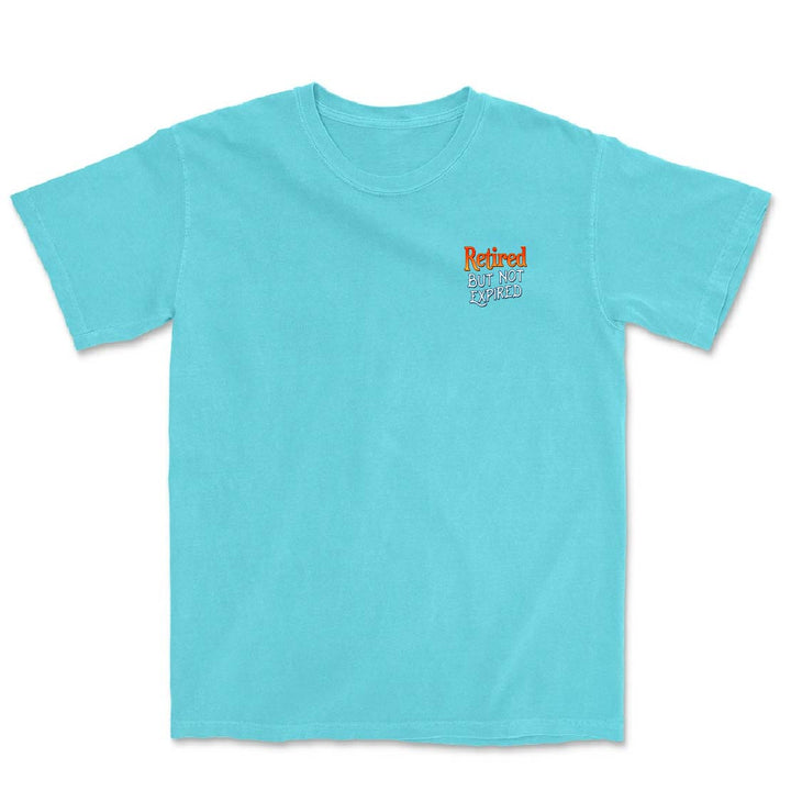 Light blue t-shirt with a small logo on the chest against a white background