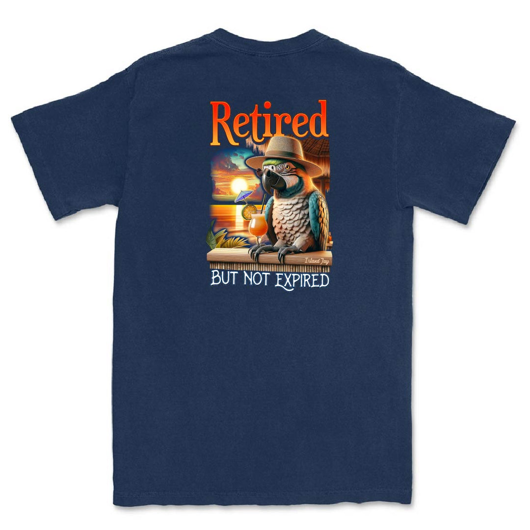 Navy blue t-shirt with a parrot graphic and 'Retired but not expired' text on the back.
