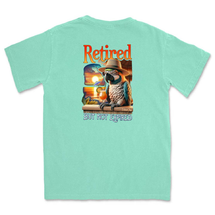 Mint green t-shirt with a parrot graphic and text on the back