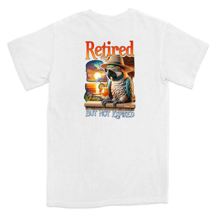 White t-shirt with a parrot graphic and text 'Retired but not expired' on a white background