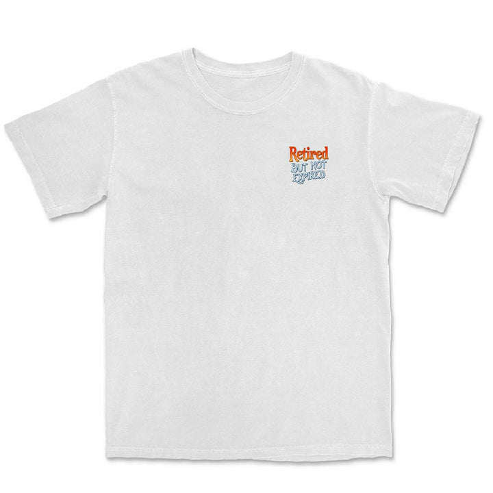 White t-shirt with colorful text on a white background