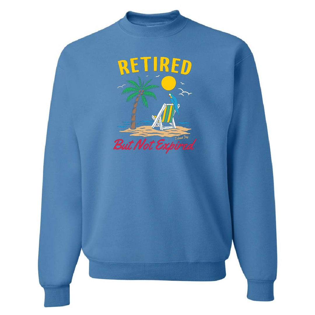 Blue sweatshirt with "Retired But Not Expired" design