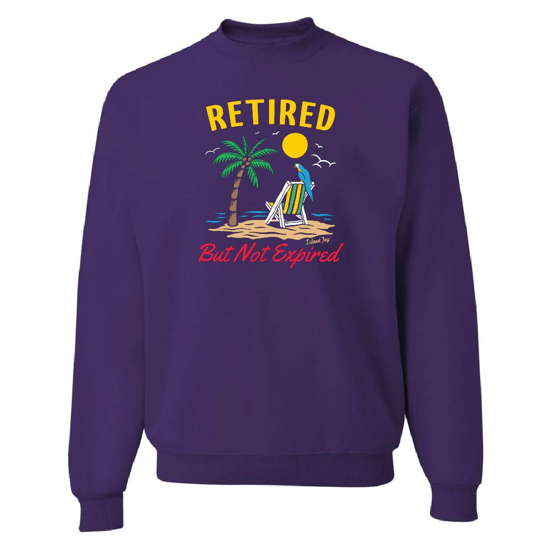 Purple sweatshirt with "Retired But Not Expired" design