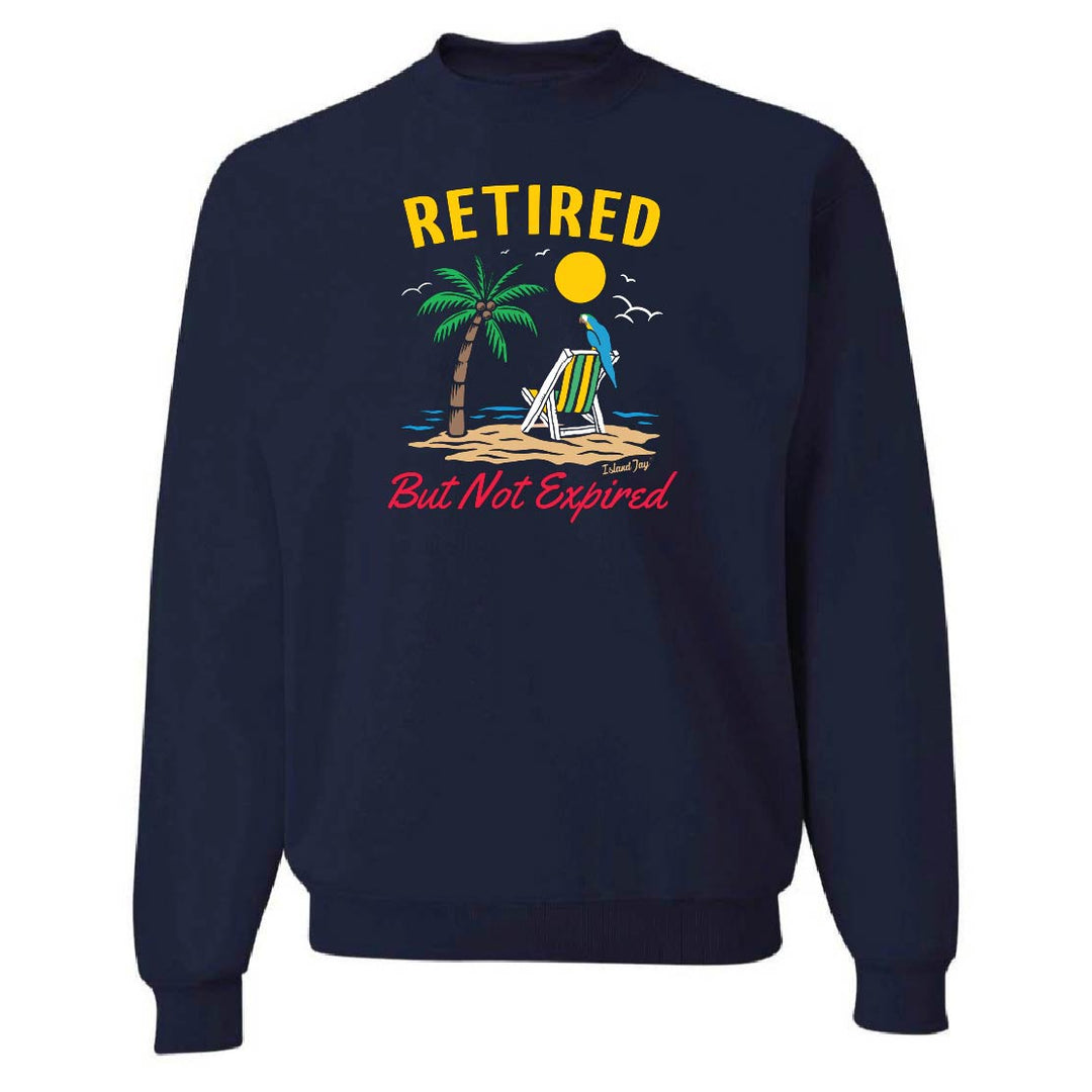 Navy blue sweatshirt with a beach graphic and 'Retired But Not Expired' text on a white background