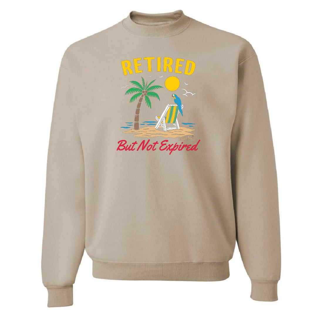 Beige sweatshirt with "Retired But Not Expired" design