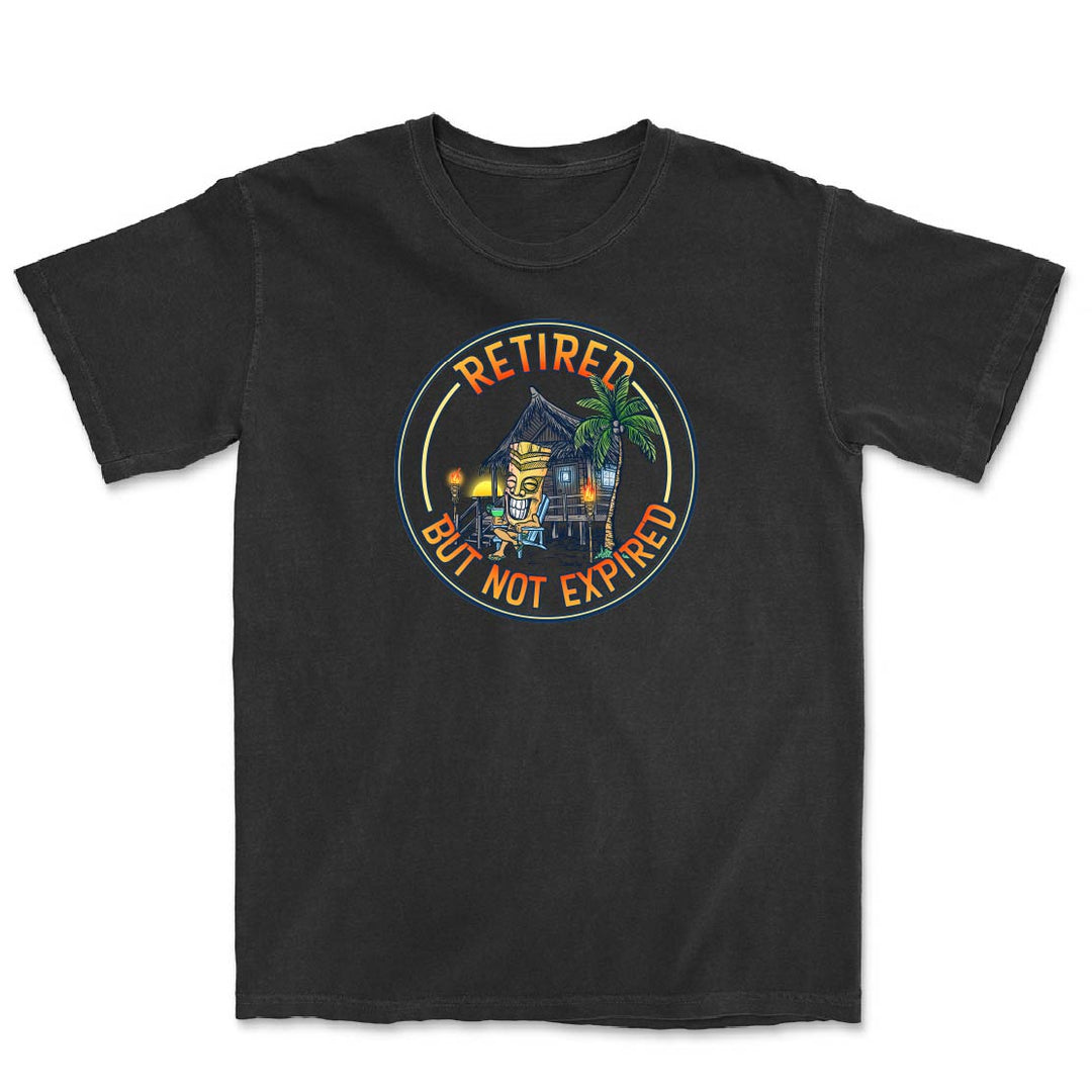 Black t-shirt with a colorful graphic and text 'Retired But Not Expired' on a white background