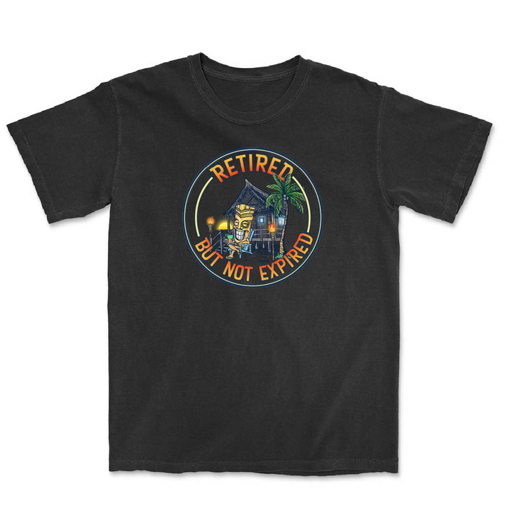 Black t-shirt with a colorful graphic and text 'Retired But Not Expired' on a white background