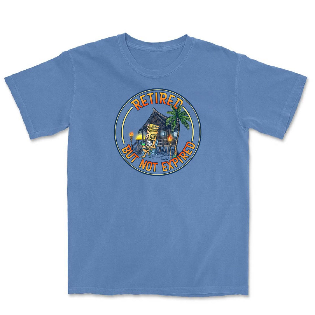 Blue t-shirt with a graphic design and text on a white background