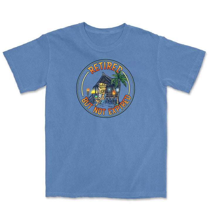 Blue t-shirt with a graphic design and text on a white background