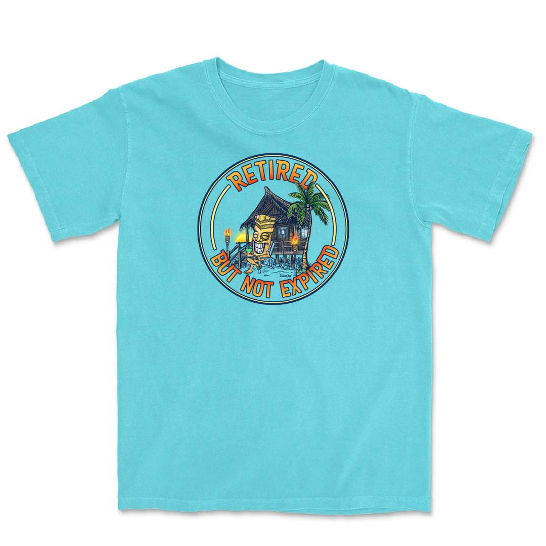 Light blue t-shirt with a tropical design and text on a white background