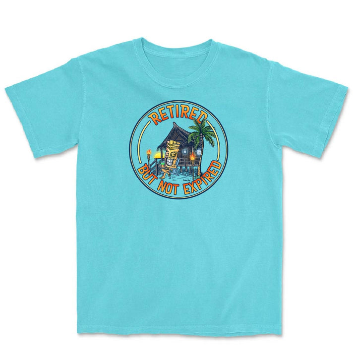 Light blue t-shirt with a tropical design and text on a white background