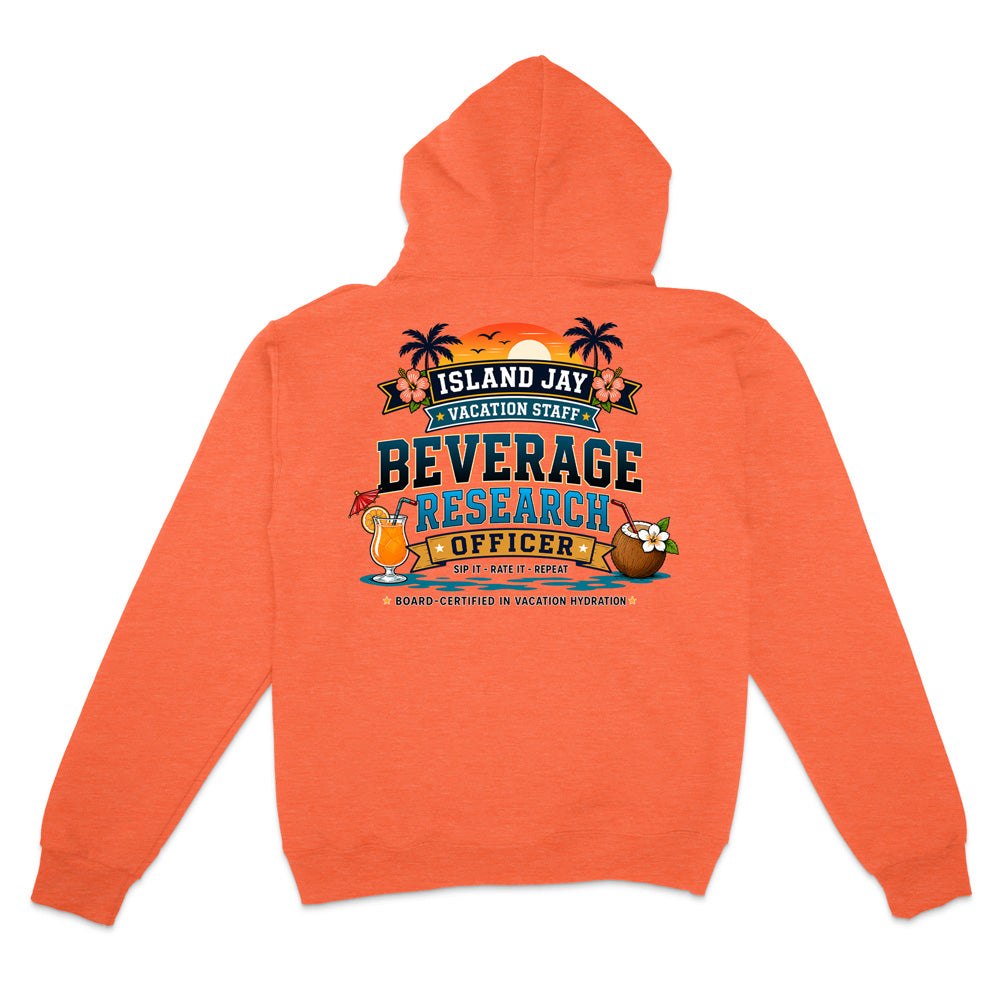 An orange heather hoodie shown from the back, featuring a colorful graphic print with the text 'ISLAND JAY BEVERAGE RESEARCH OFFICER' and tropical-themed illustrations.