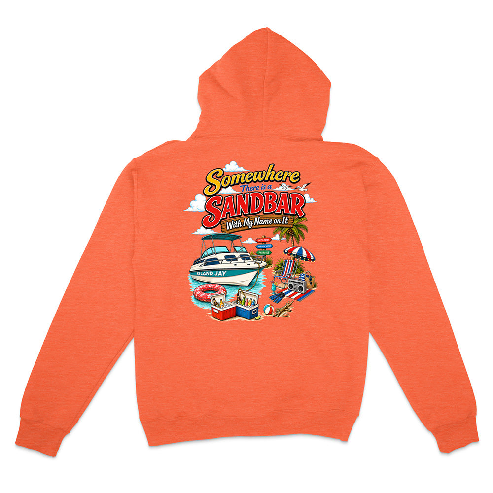 An orange heather zip-up hoodie shown from the back, featuring a colorful graphic print with the text 'Somewhere in Sandbar, With My Name on It' and beach-themed illustrations including a boat, beach umbrella, and pool.