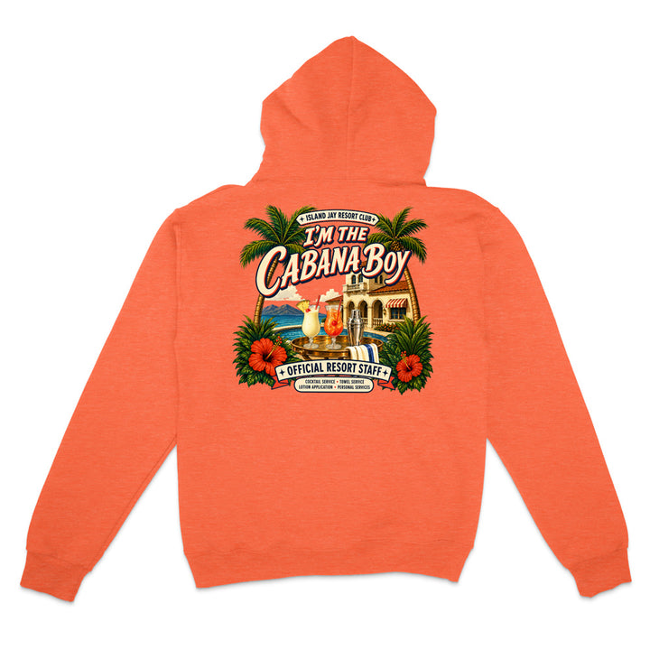 An orange heather pullover hoodie shown from the back, featuring a large colorful graphic print with palm trees, hibiscus flowers, a beach bar scene, and the text 'I'M THE CABANA BOY' and 'OFFICIAL RESORT STAFF'.