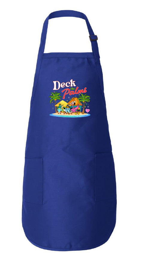 Blue apron with colorful graphic and text on a white background