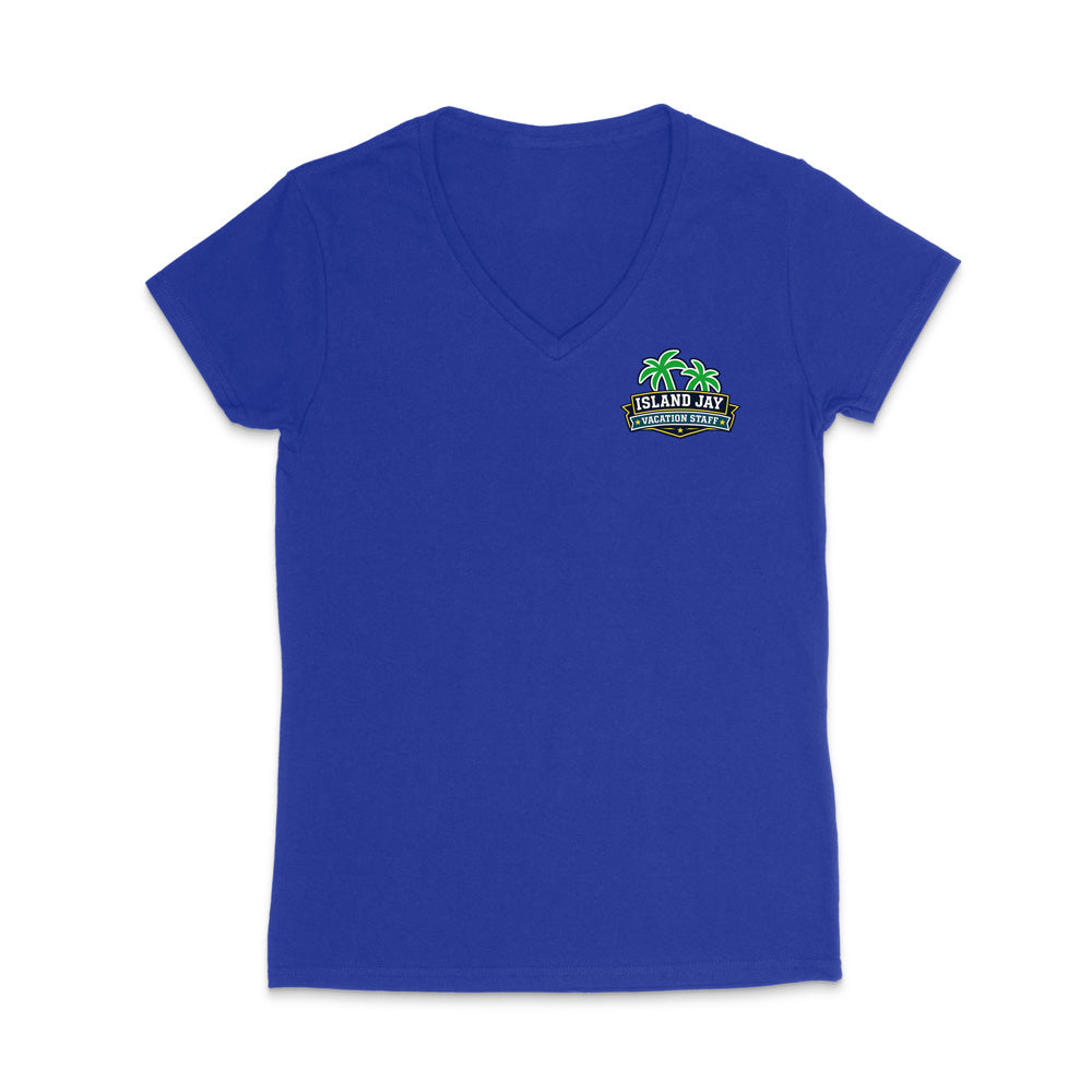 A royal blue women's short-sleeve V-neck t-shirt with a small colorful graphic on the left chest featuring palm trees and the text 'Island Jay Vacation Staff'.