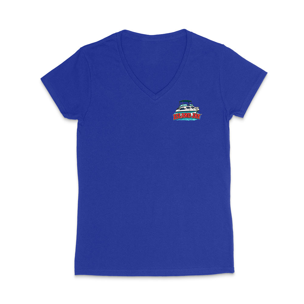 A royal blue women's V-neck t-shirt with a small colorful boat graphic and the text 'SUNSET BOATS' printed on the left chest, displayed on a clean white background.